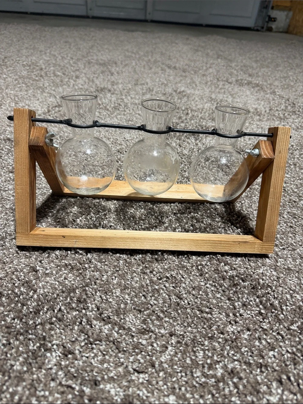 Clear Glass Triple Bud Vases in Natural Wood Holder